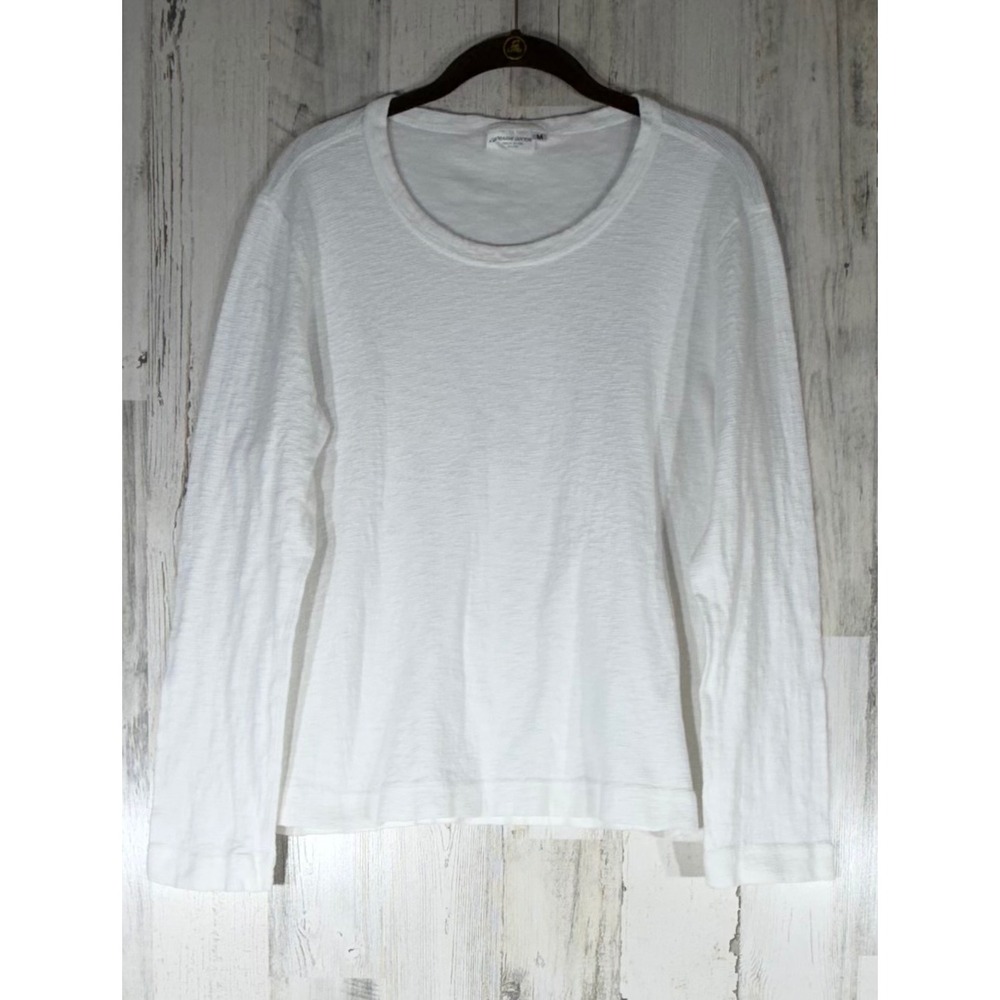 Prairie Cotton Long Sleeve Top Size M White Slub Textured Scoop Neck Made in USA